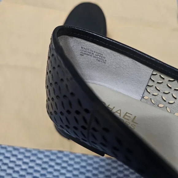 Michael Kors Fulton Liana Black Perforated Leather Flats Gold MK Logo Size 6 - Picture 10 of 11